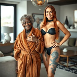 In a modern room filled with contemporary elegance, a 90-year-old African woman appears undernourished and notably short, beaming with happiness as she smiles