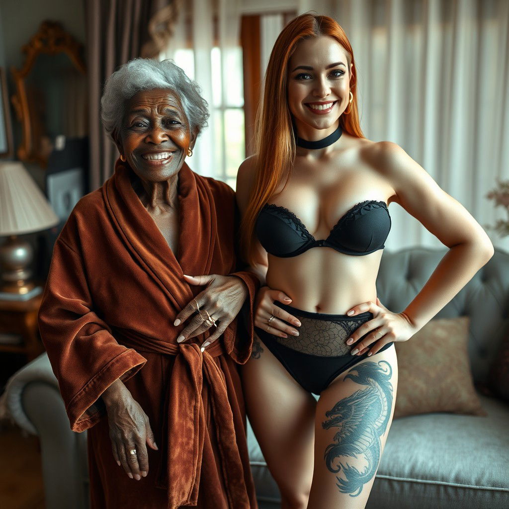 In a cozy room, a 90-year-old African woman, appearing undernourished and notably short, beams with happiness as she smiles