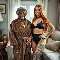 In a cozy room, a 90-year-old African woman, appearing undernourished and notably short, beams with happiness as she smiles