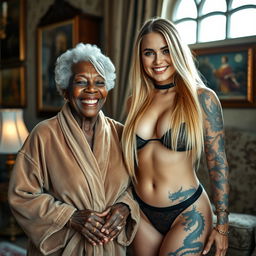 Inside a beautifully decorated room, an elderly African woman, 90 years old, short in stature and visibly thin, has a radiant smile that lights up her face