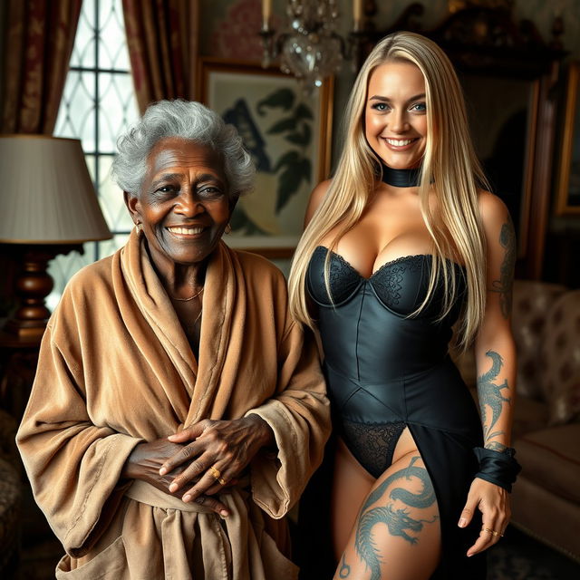 Inside a beautifully decorated room, an elderly African woman, 90 years old, short in stature and visibly thin, has a radiant smile that lights up her face