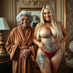 Inside a luxurious room, a joyful elderly African woman, aged 90, and short in stature with a thin frame, sport a bright smile