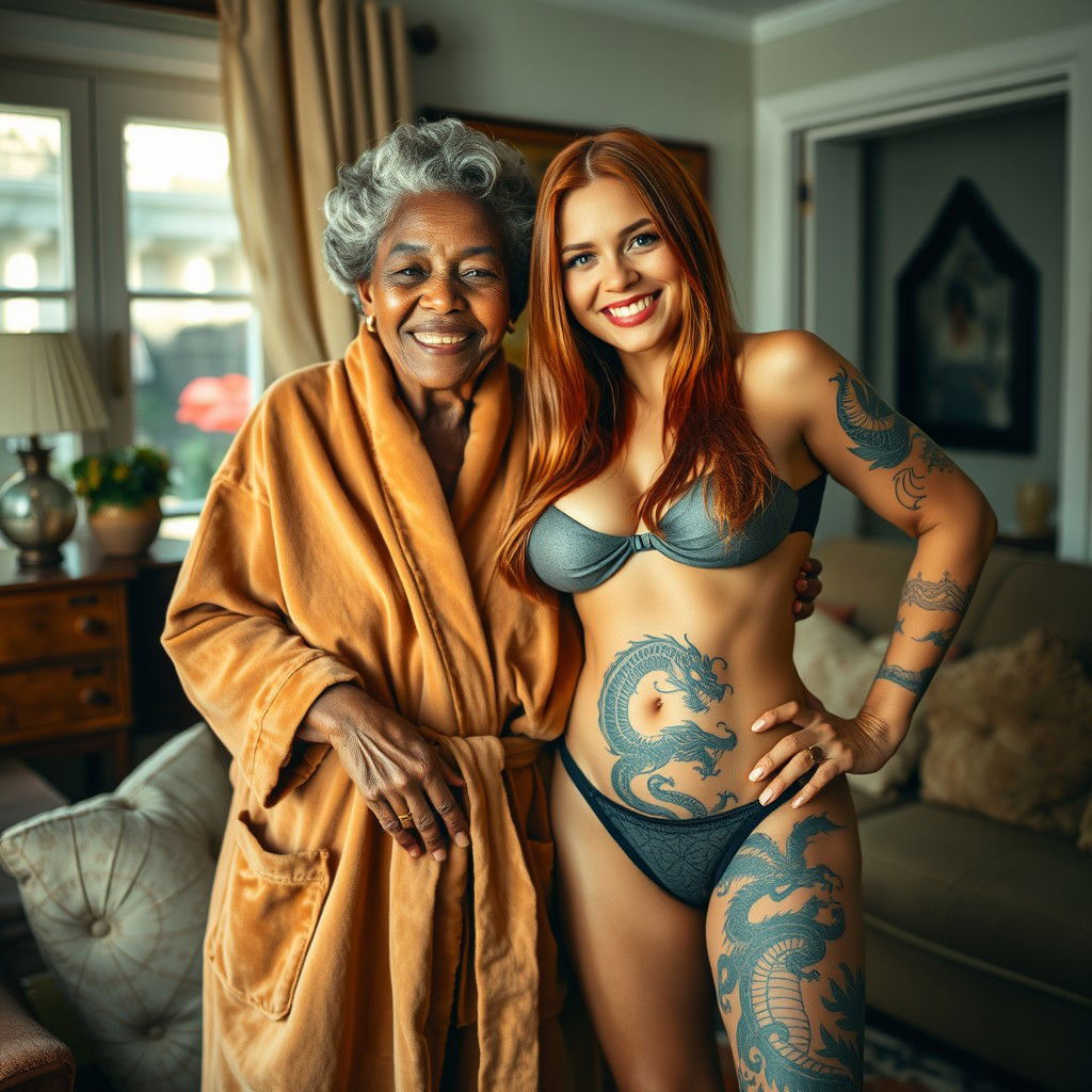 Inside a cozy room, a heartwarming scene unfolds with two women