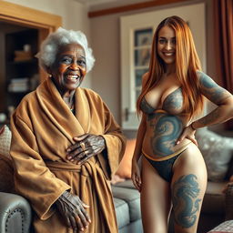 Inside a cozy room, a heartwarming scene unfolds with two women