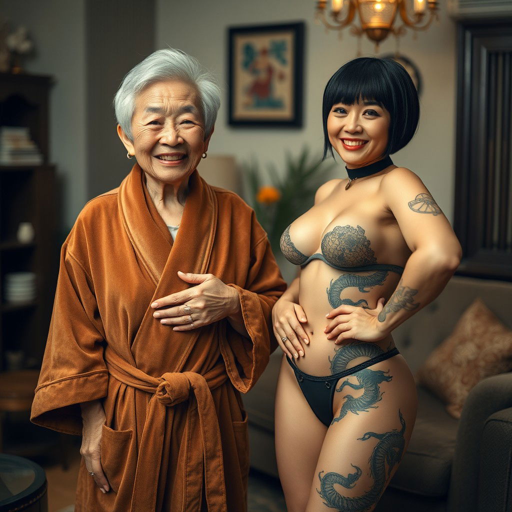 In a cozy room, a joyful 90-year-old Chinese woman with a short haircut stands proudly