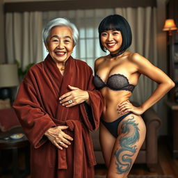 In a cozy room, a joyful 90-year-old Chinese woman with a short haircut stands proudly