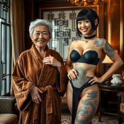 In an elegant room, a cheerful 90-year-old Chinese woman with a short haircut stands happily, dressed in an opulent suede bathrobe, adorned with several shimmering gold rings on her fingers