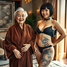 In an elegant room, a cheerful 90-year-old Chinese woman with a short haircut stands happily, dressed in an opulent suede bathrobe, adorned with several shimmering gold rings on her fingers