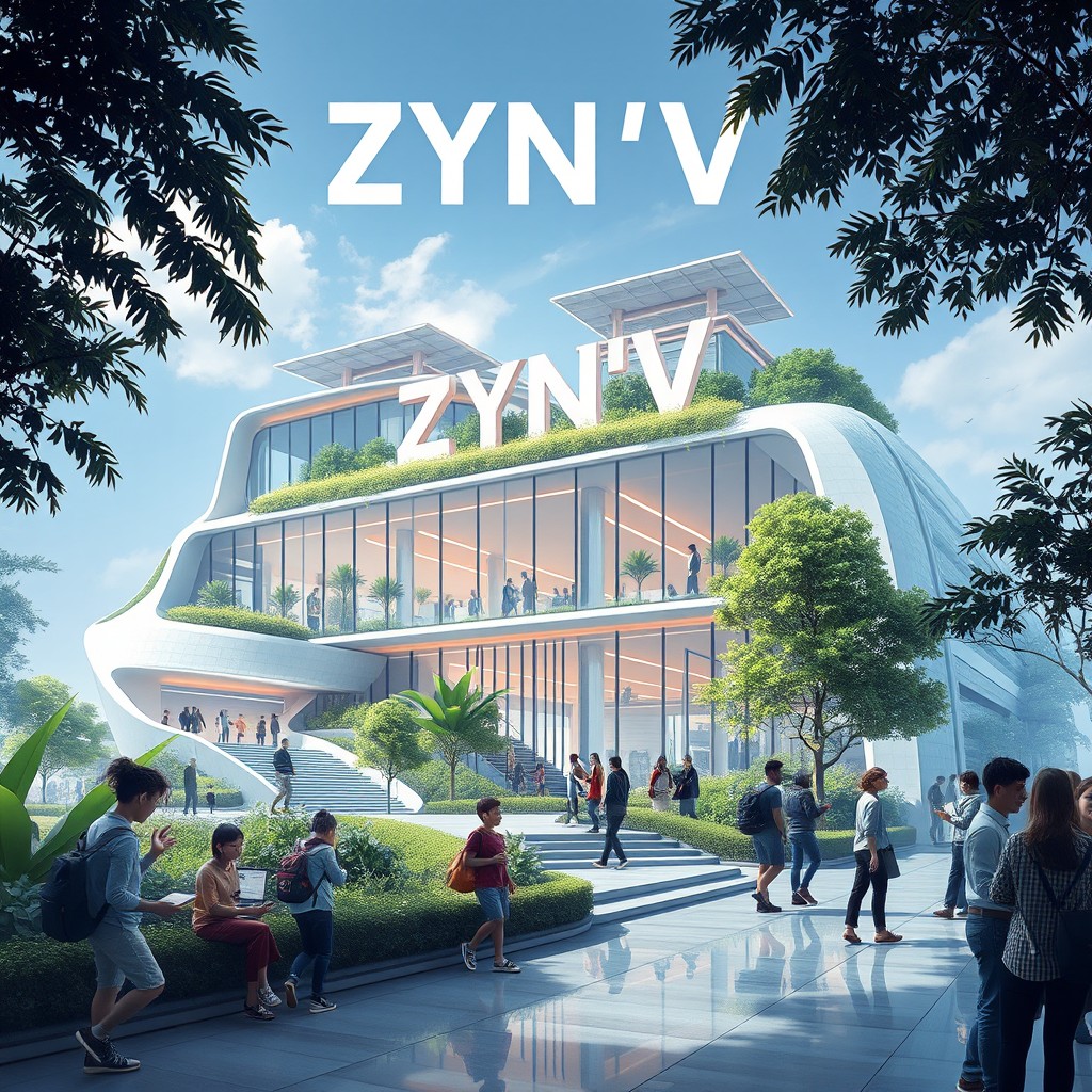 An artistic representation of an imaginary institute named 'ZYN'V', showcasing a modern architectural design with sleek lines and glass facades