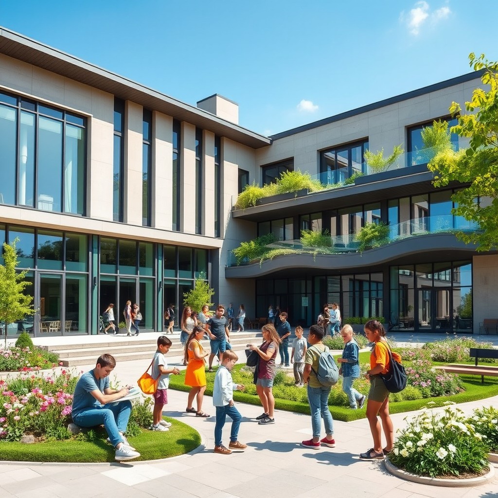 A modern educational institute set in France, featuring contemporary architectural design with striking lines and innovative use of materials