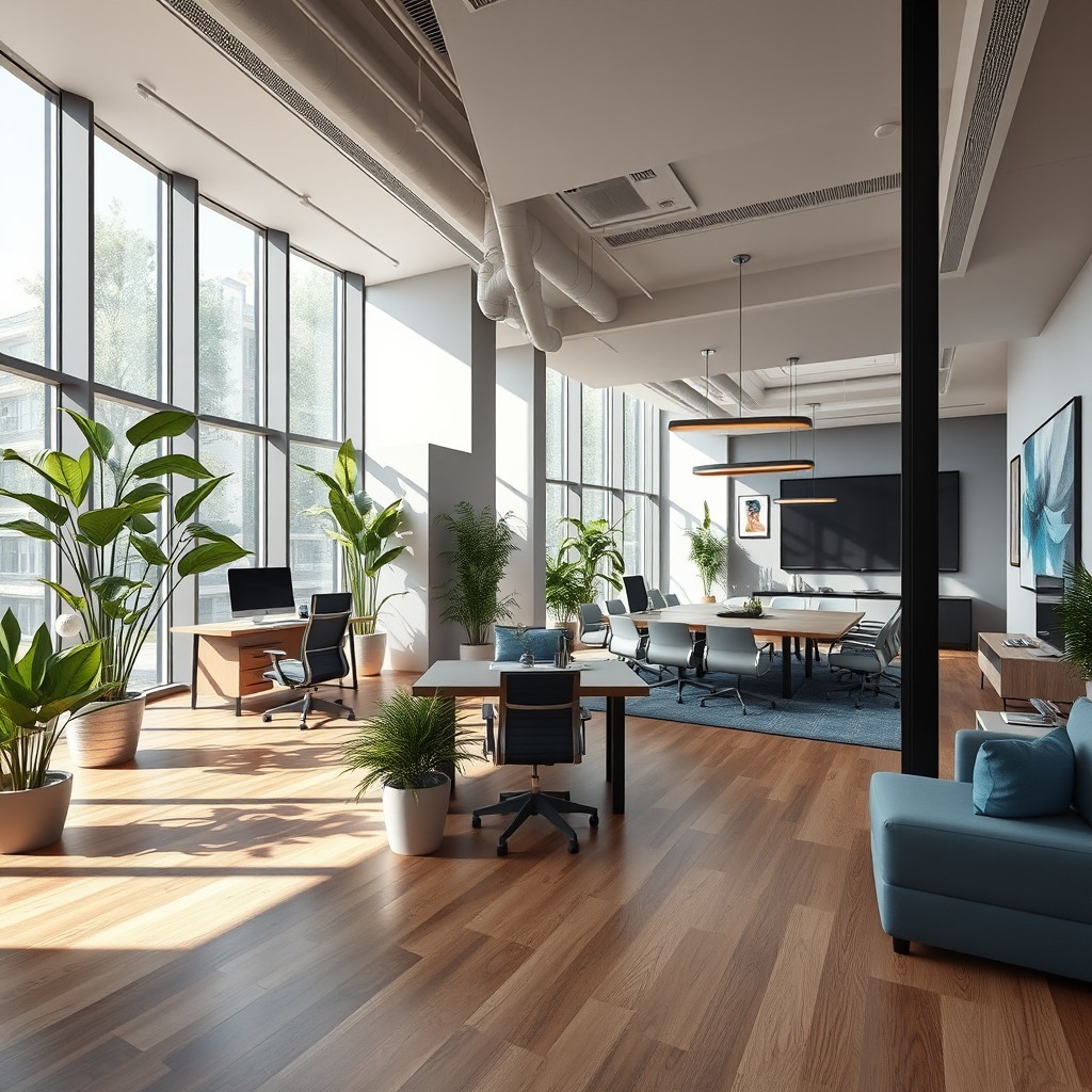An interior architectural design of a modern office floor showcasing an administrative office and a conference room