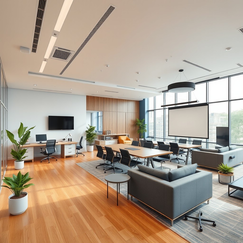 An interior architectural design of a modern office floor featuring an administrative office and a well-equipped conference room