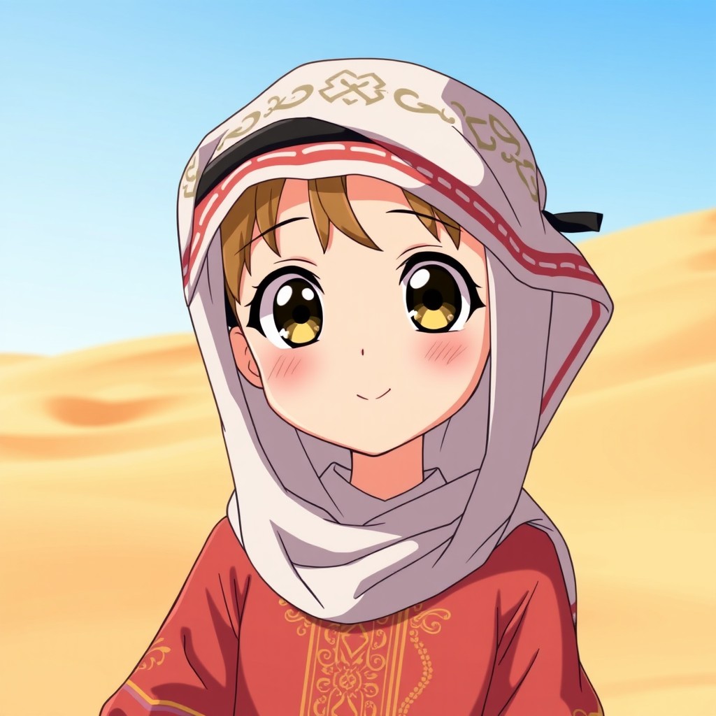 An anime girl dressed in a traditional Saudi thobe, with intricate patterns and vibrant colors