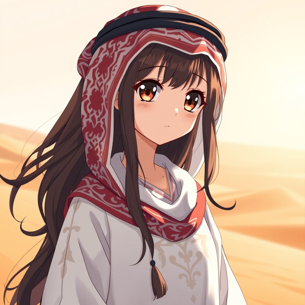 An anime girl wearing a traditional white thobe, with elegant designs, paired with a red and white shemagh and a black agal on her head