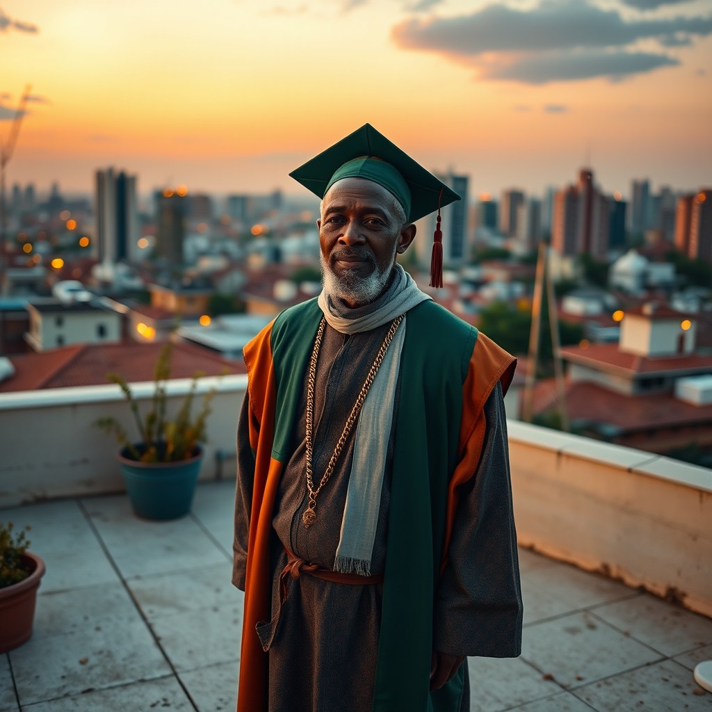 A 50-year-old African scholar standing in a minimalist setting that symbolizes Africa’s economic revival