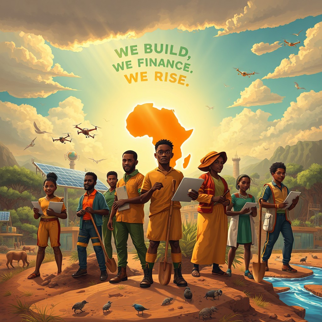 A powerful, cinematic illustration of 'Afroactioneers' — a diverse group of visionary African changemakers actively building futuristic infrastructure powered by nature