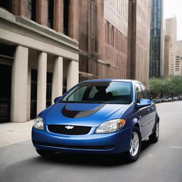 A 2006 Chevrolet Corsa in Batman's iconic blue and grey hues, featuring a Batman mask, cape, and belt as integral design elements of the car exterior.