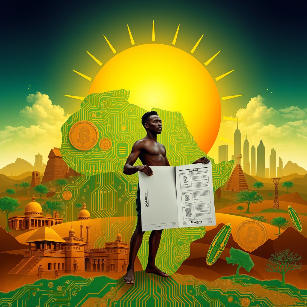 A visually powerful and conceptually rich book review cover image depicting a rising sun over a stylized African continent made of gold and green circuitry patterns, symbolizing financial sovereignty and technological renewal