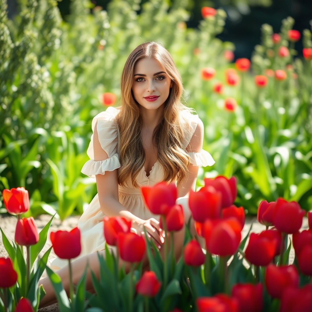 A beautiful young woman sitting gracefully among vibrant red tulips in a lush garden