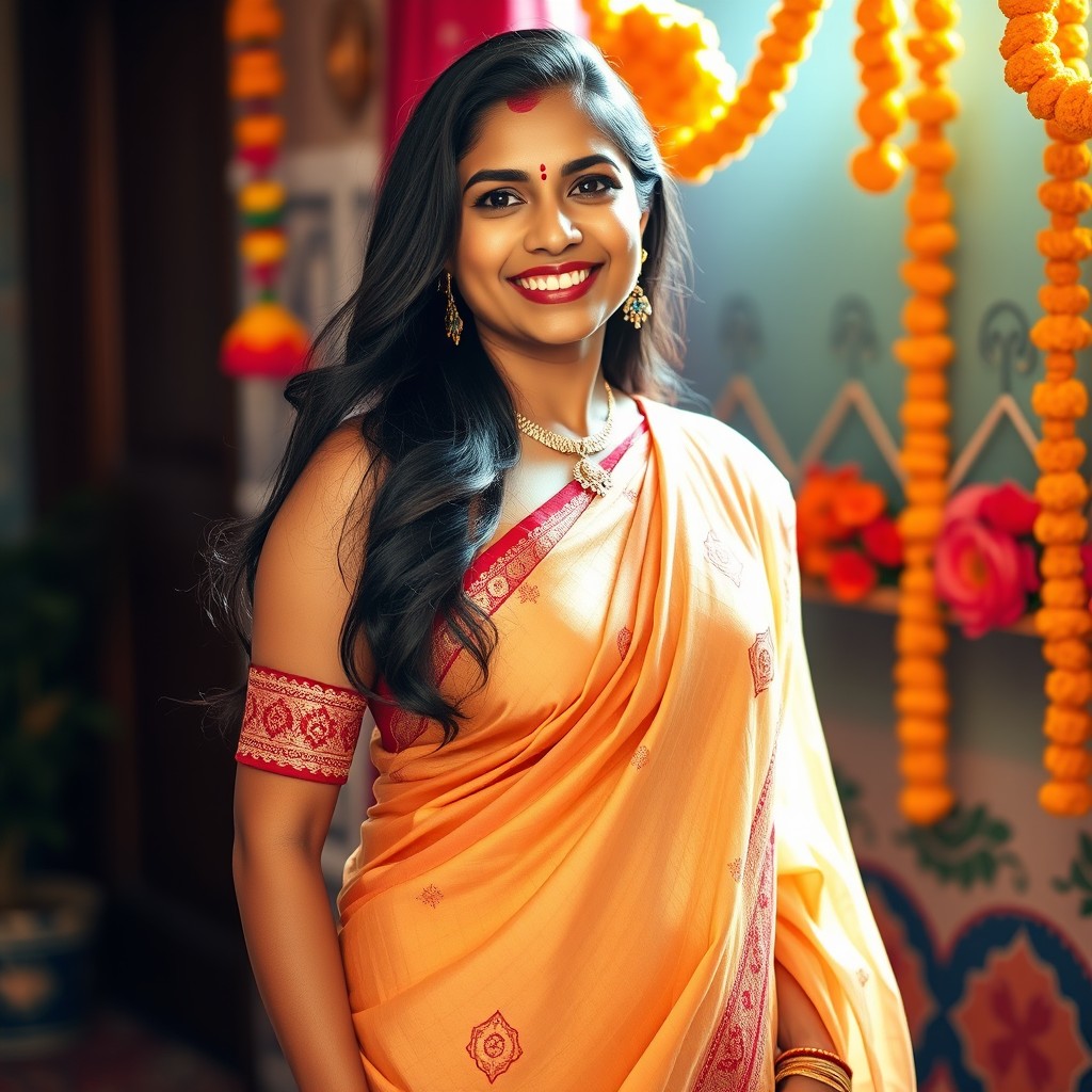 A beautiful Hindu woman depicted as an aunt, wearing an elegant traditional netted dress that showcases her curves tastefully, including her bust and hips