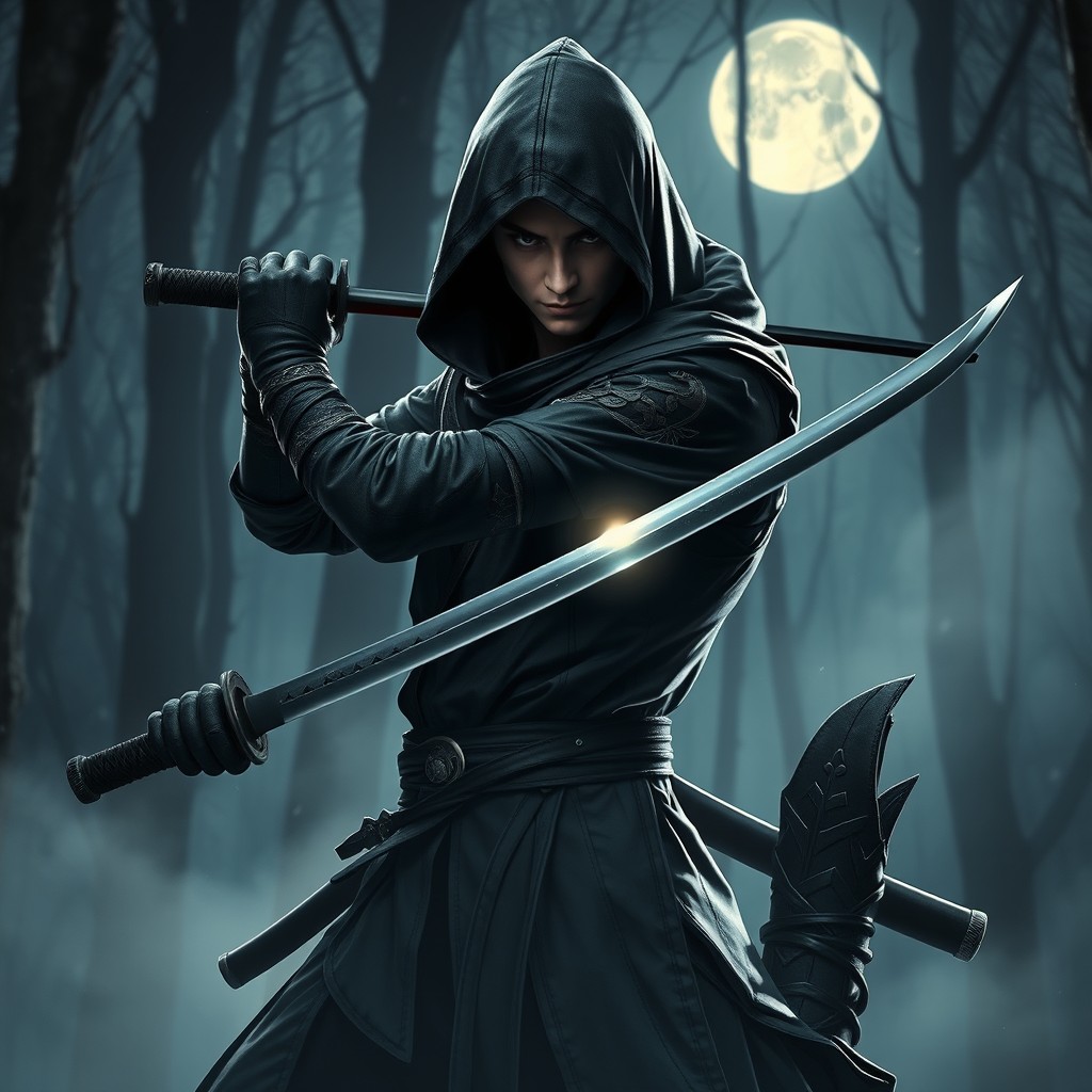 A skilled shadow warrior poised in a dramatic pose, holding a gleaming katana