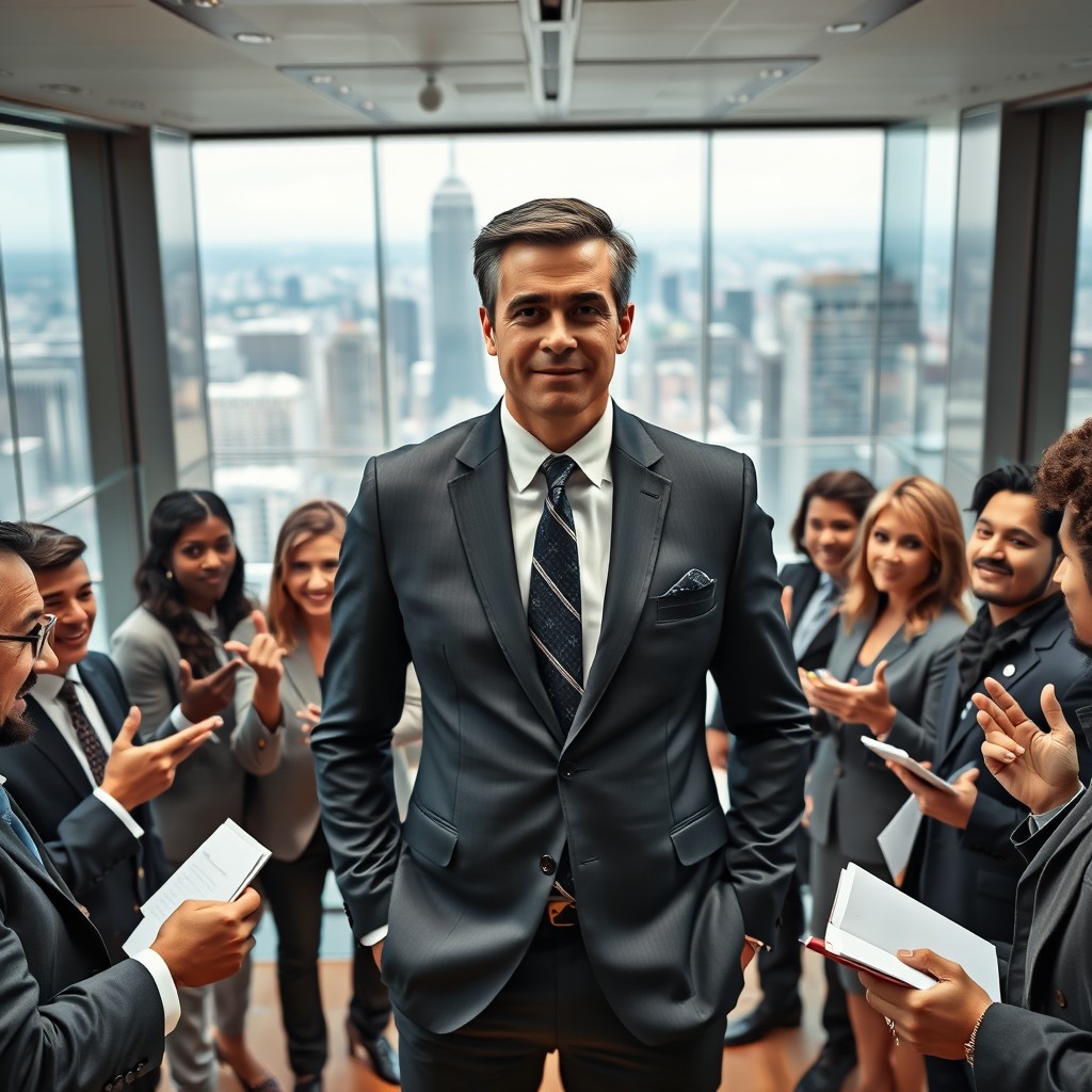 A confident business executive, sharply dressed in a tailored suit, stands at the center of a modern corporate office