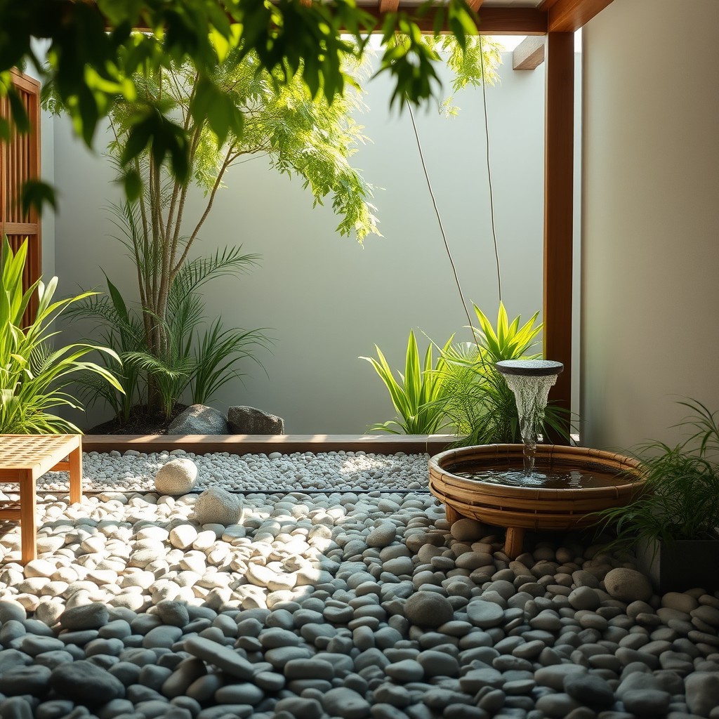 A tranquil zen space with smooth pebbles scattered on the ground, minimalist bamboo furniture, and lush green plants surrounding a serene koi pond