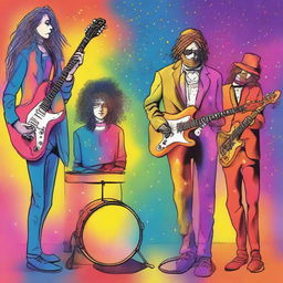 A drawing of a 4 musicians a drummer, a bassist, a guitarist and a singer in a universe of colors