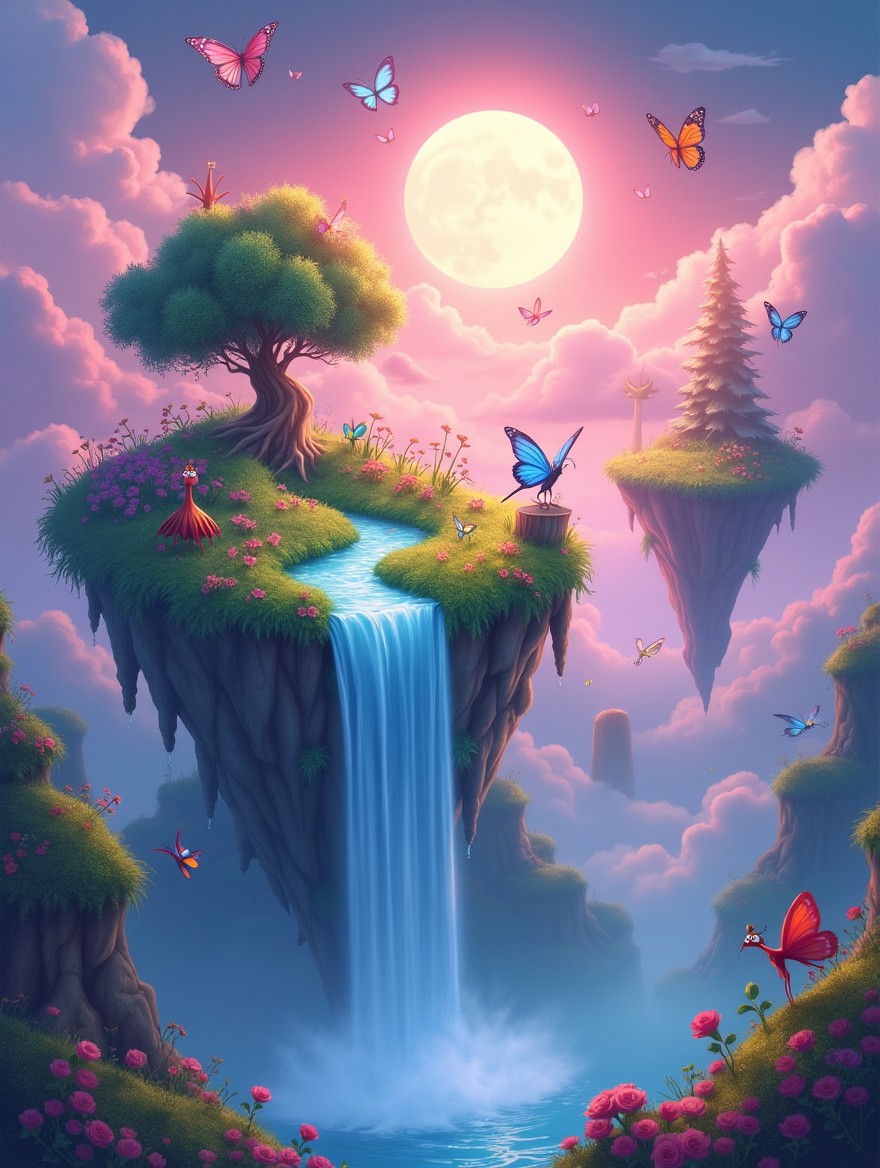 A stylized digital art piece featuring a surreal landscape with floating islands, vibrant colors, and dreamlike elements
