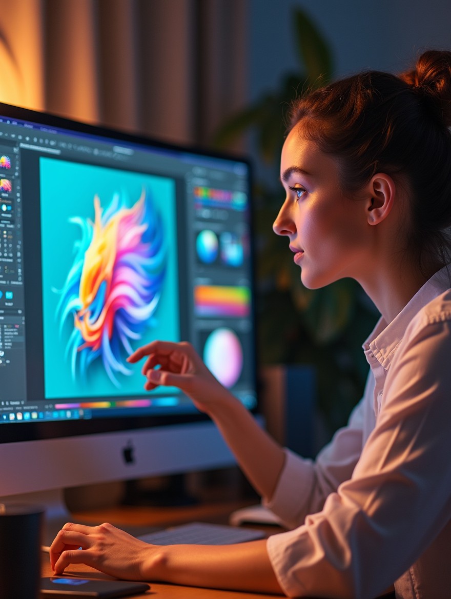 A visually appealing image of a woman interacting with an editing software interface, showcasing various tools and options available for enhancing and modifying images