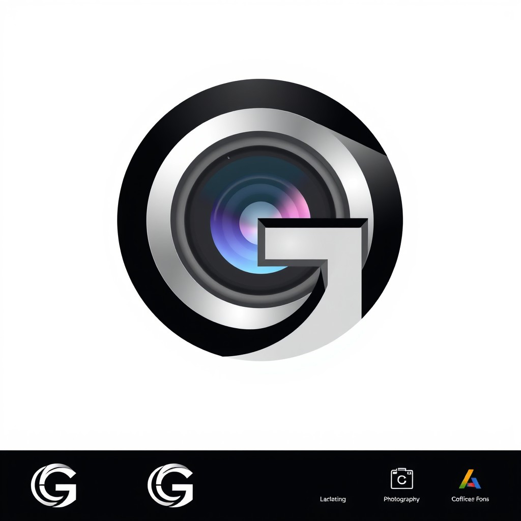 A creative logo design featuring the initial 'G' cleverly integrated into the shape of a camera lens or photographic camera
