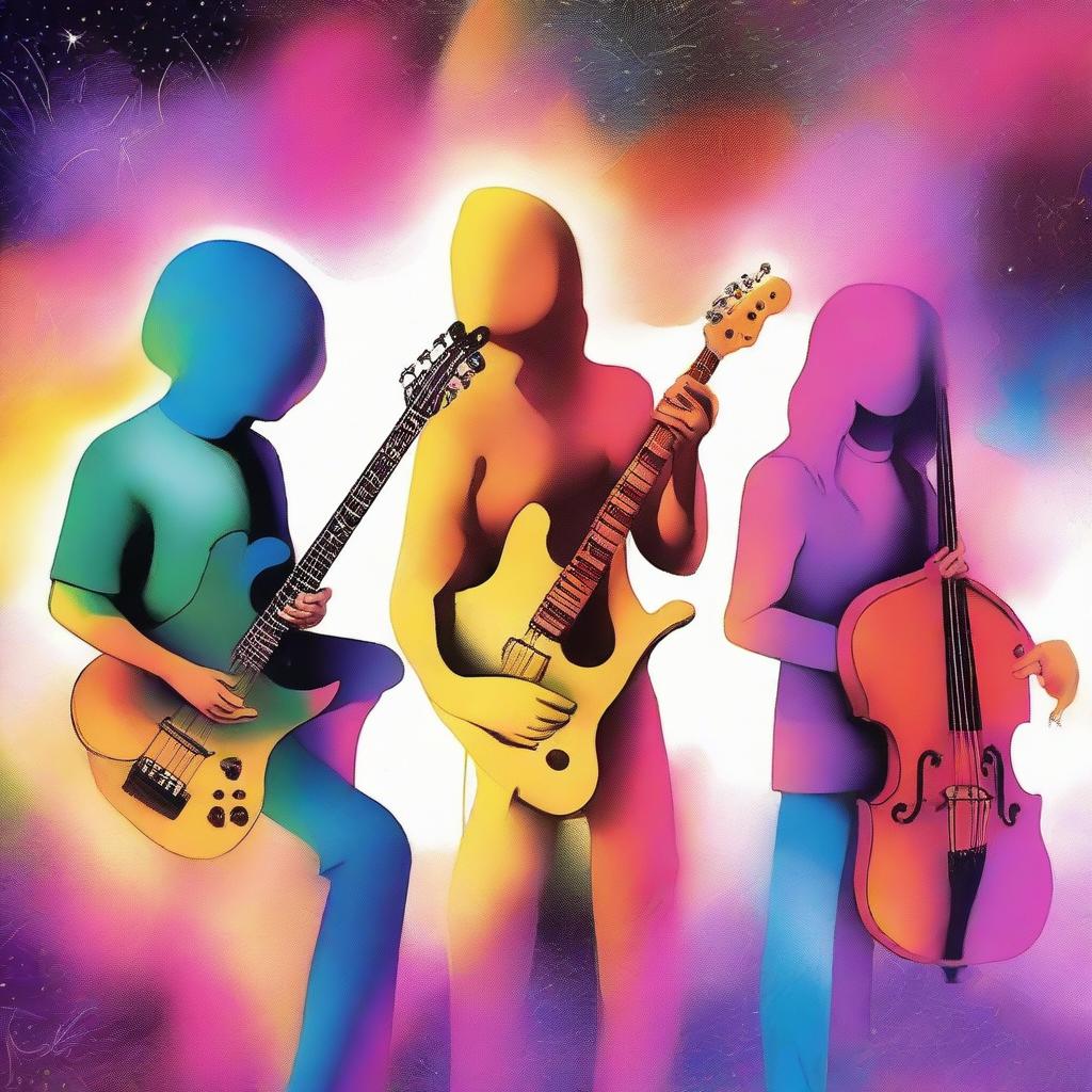 A drawing of a 4 musicians a drummer, a bassist, a guitarist and a singer in a universe of colors