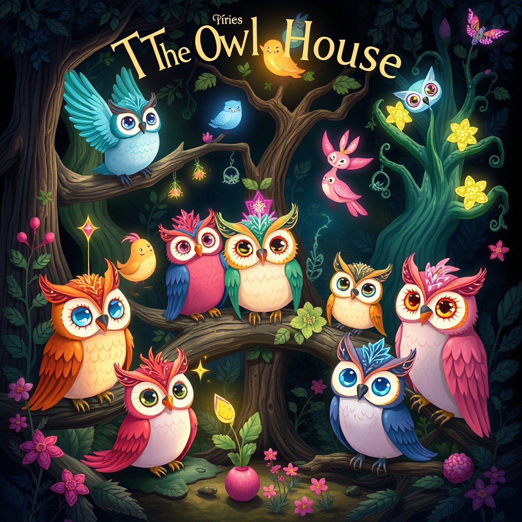 A whimsical and vibrant illustration depicting various palisman from 'The Owl House' series, each palisman showcasing their unique magical features and personalities, surrounded by an enchanted forest setting