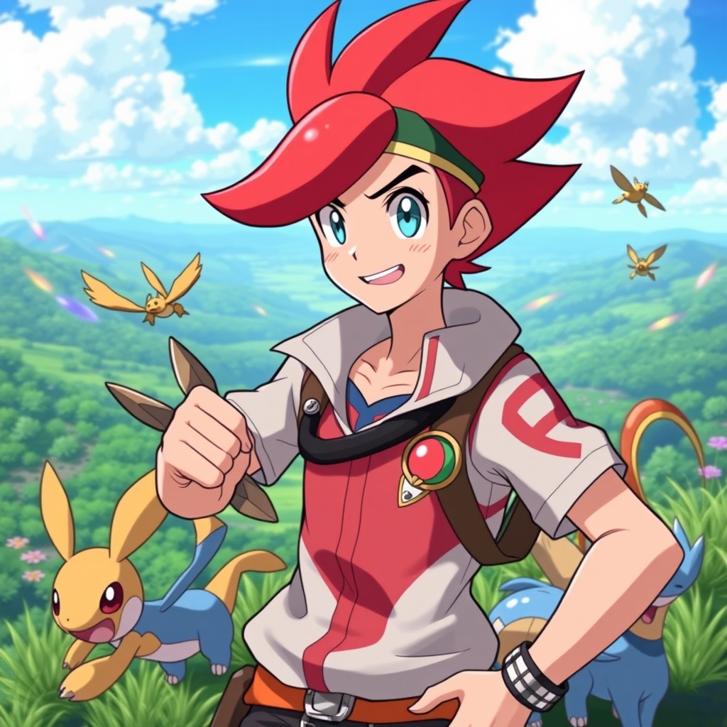 A dynamic Pokémon trainer with striking red hair, showcasing their vibrant personality and love for Pokémon