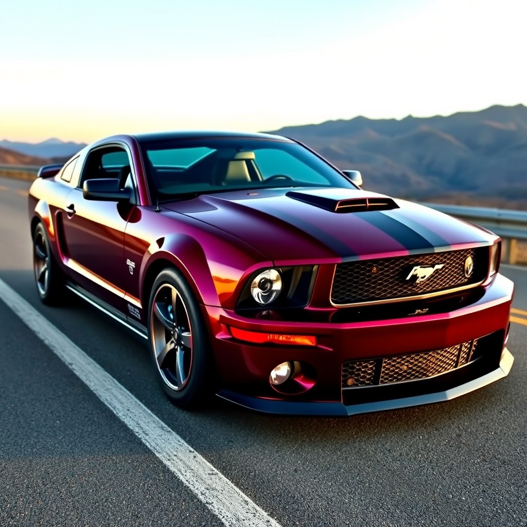 A striking 2008 Mustang, uniquely designed with one half of the car in glossy black and the other half in a vibrant maroon color