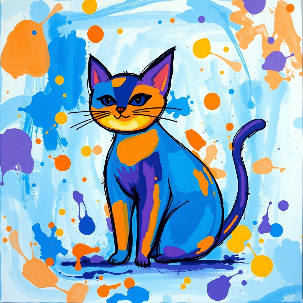 An abstract painting of a cat, filled with vibrant colors and shapes, blending hues of blue, orange, and purple