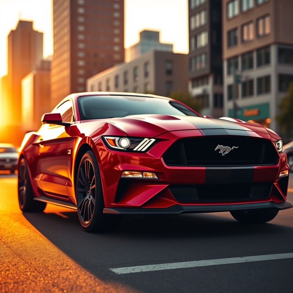 A striking half cherry red and half black Mustang sports car, featuring sleek lines and a dynamic pose that showcases its powerful stance