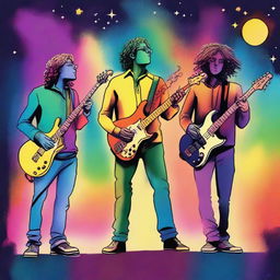 A drawing of a 4 musicians a drummer, a bassist, a guitarist and a singer in a universe of colors