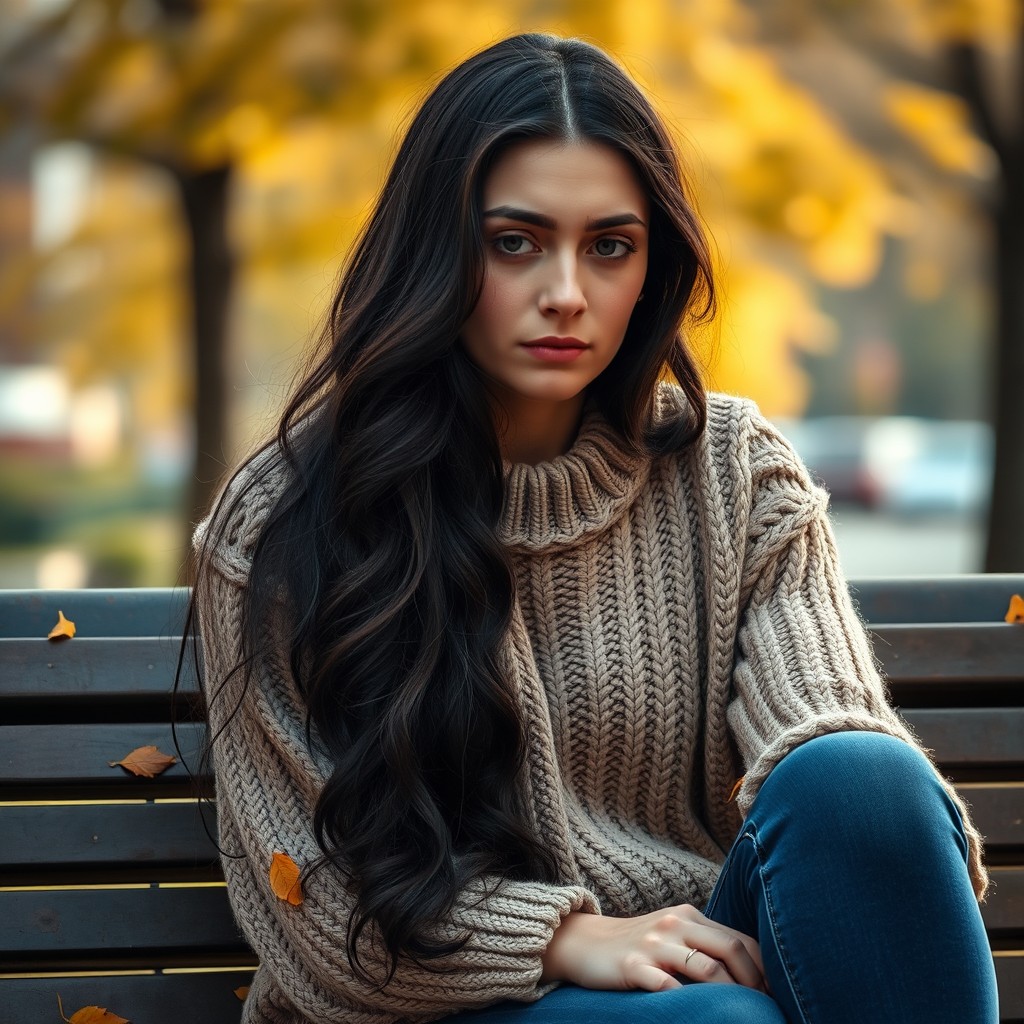 A portrait of a sad woman sitting alone on a park bench
