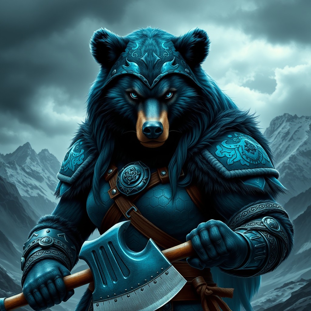 A fierce female bear warrior embodying a viking spirit, adorned in intricate teal blue armor that glistens under the light