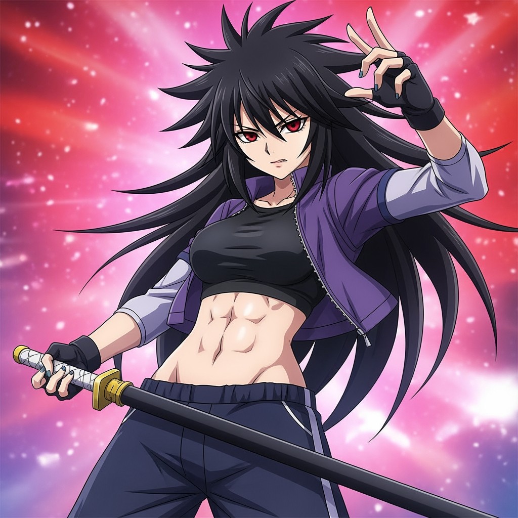A female character inspired by Uruma Shun, illustrated as a young woman of average stature with a slender yet muscular build