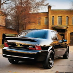 Batman embodied as a 2006 Chevrolet Corsa, the car all decked out in iconic Batman style-- color scheme, symbols, and distinctive elements.