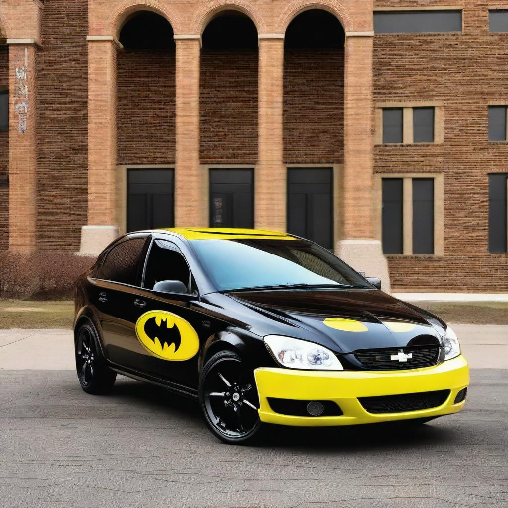 Batman embodied as a 2006 Chevrolet Corsa, the car all decked out in iconic Batman style-- color scheme, symbols, and distinctive elements.