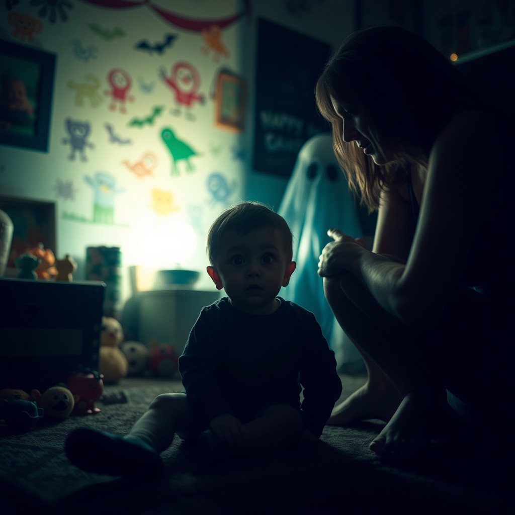 A dimly lit room with spooky decor, a young child sitting on the floor, staring intently with a creepy expression at his mother