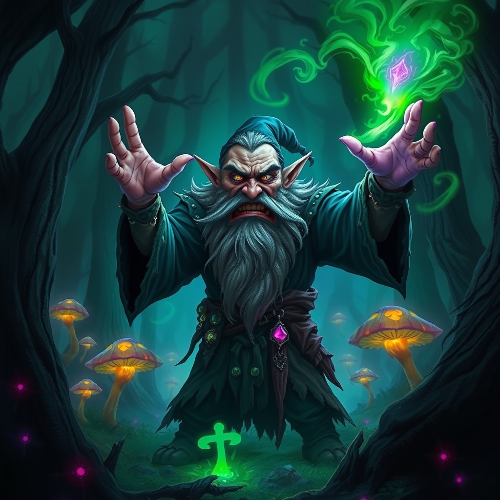 An evil dwarf mage standing in a dark, enchanted forest