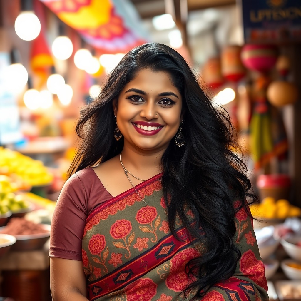 A portrait of a curvy, confident Bangladeshi woman, radiating warmth and charm