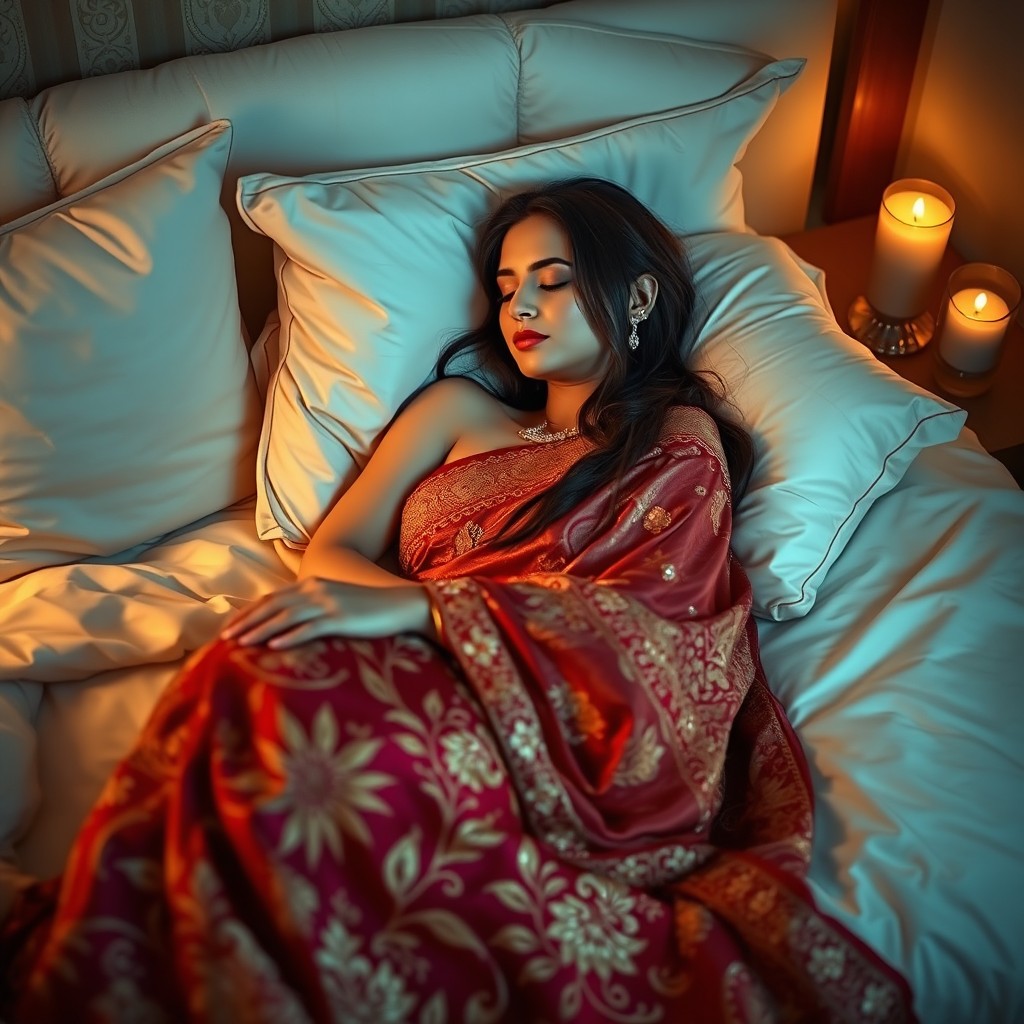A serene scene of a woman elegantly draped in a richly colored saree, peacefully sleeping on a plush bed surrounded by soft pillows and luxurious bedding