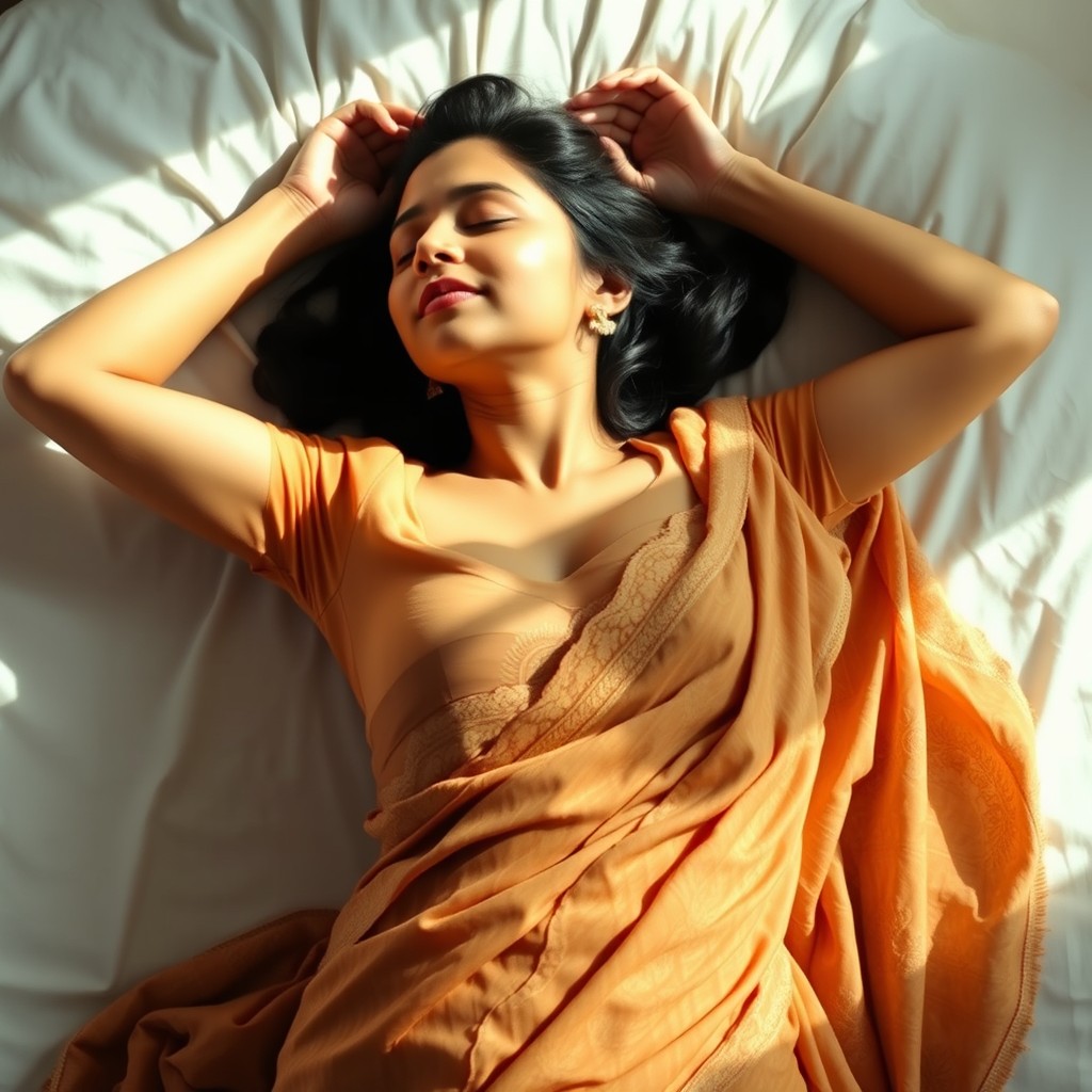 A woman sleeping peacefully on her back, both hands raised above her shoulders