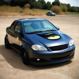 Batman embodied as a 2006 Chevrolet Corsa, the car all decked out in iconic Batman style-- color scheme, symbols, and distinctive elements.