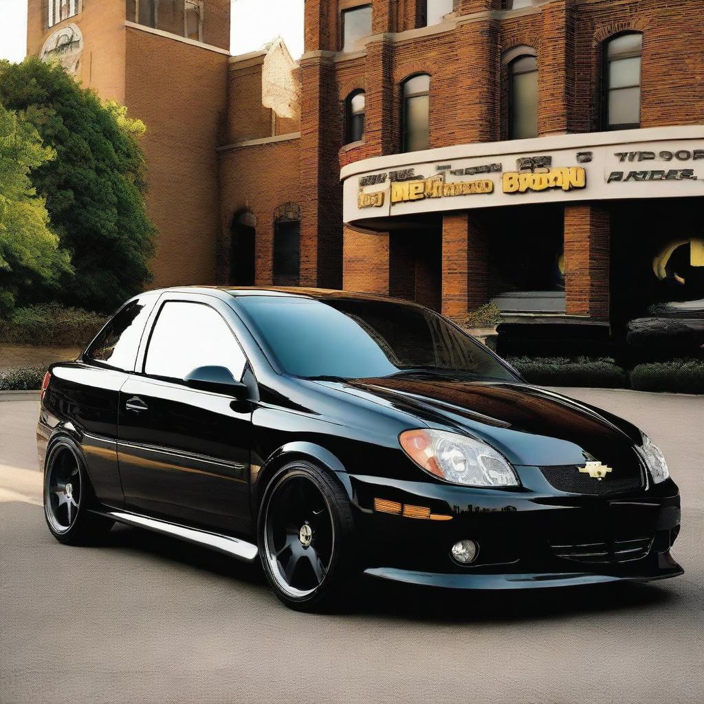 Batman embodied as a 2006 Chevrolet Corsa, the car all decked out in iconic Batman style-- color scheme, symbols, and distinctive elements.